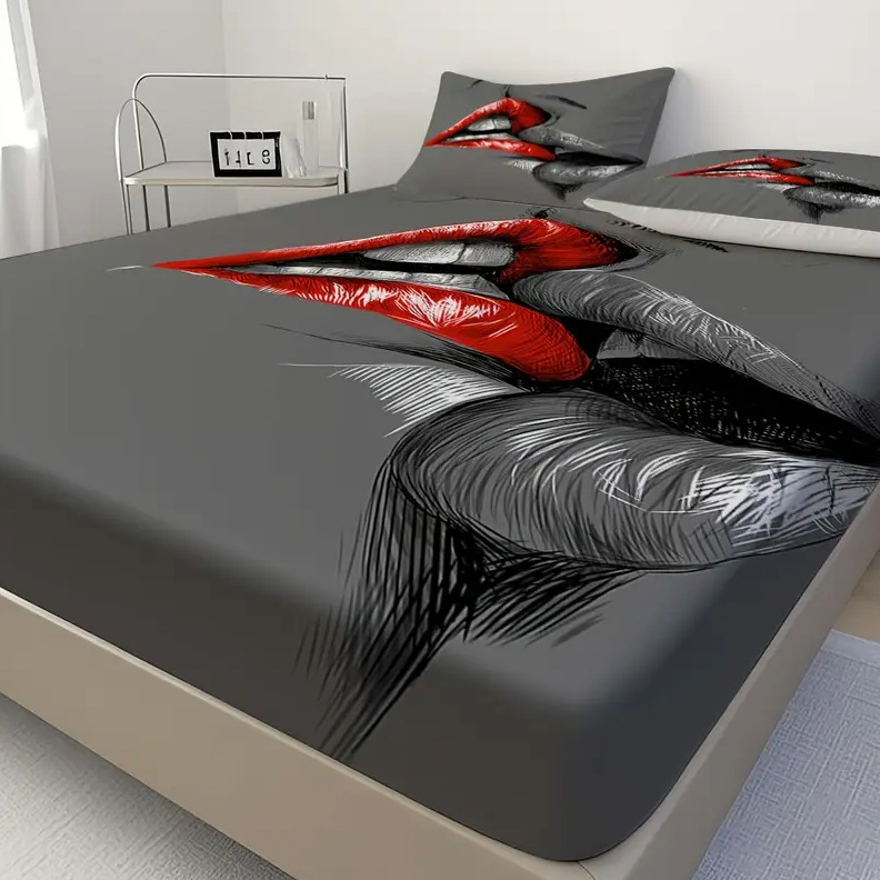 TEMU / JIT transfronterizo sexy rojo y negro labios de impresión digital HD cama gaza almohada kit fuente fabricante