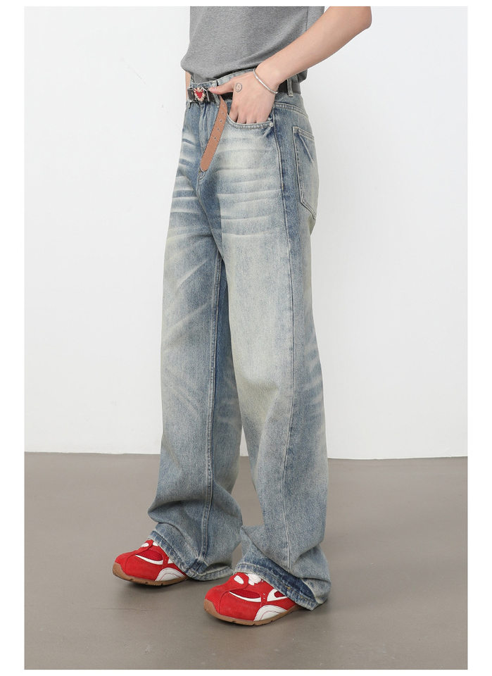 Quần jeans nam ống rộng dáng thẳng lưng giữa, phong cách retro, dài chấm gót — màu xanh chi tiết 10