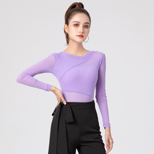 High-end body training clothing mesh national standard modern Latin dance tops women's long-sleeved dance practice clothing dancing one-piece