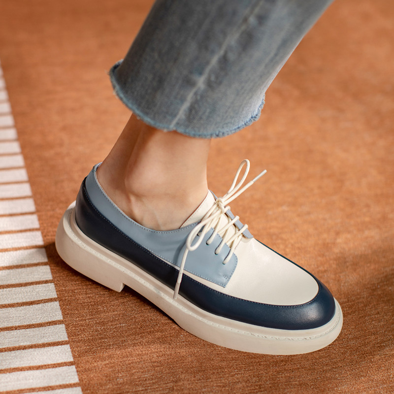 2023 Spring New Genuine Leather Thick-soled Lace-up White Loafers Women's Casual Wedge Flat Color Matching All-match Single-layer Shoes