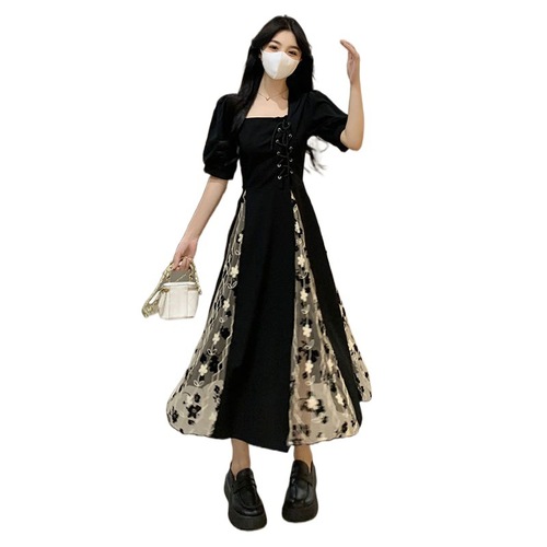 Plus-size curvy girls' designer dress | Summer wear | Figure-flattering mesh-panel French vintage niche-style dress