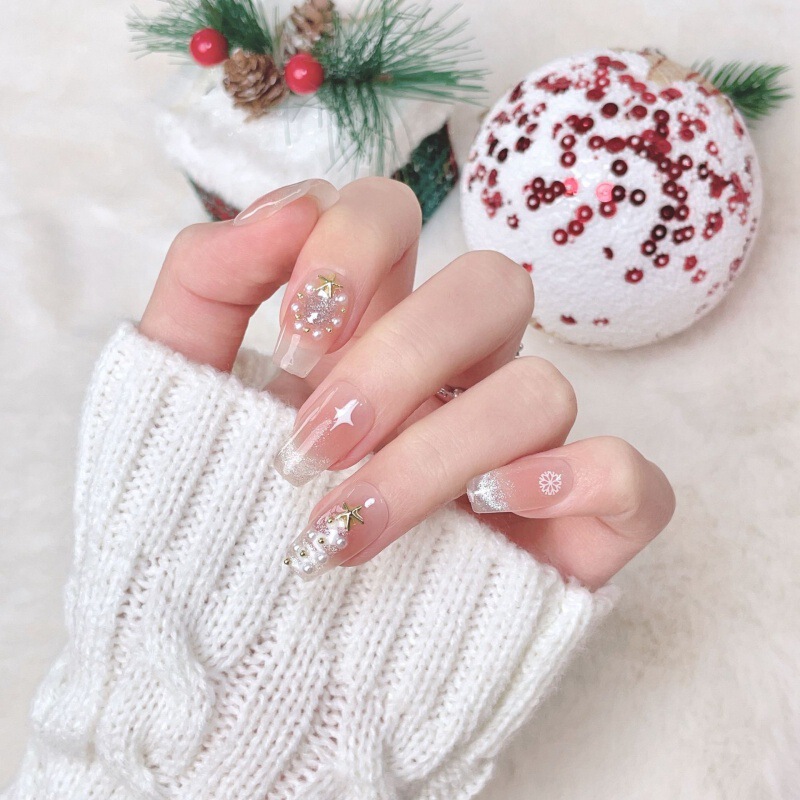 Purely Handmade Wearable Nails, New Year's Phototherapy Manicure Patches, Cat-eye French Pearl Snowflakes, Autumn and Winter Whitening Christmas