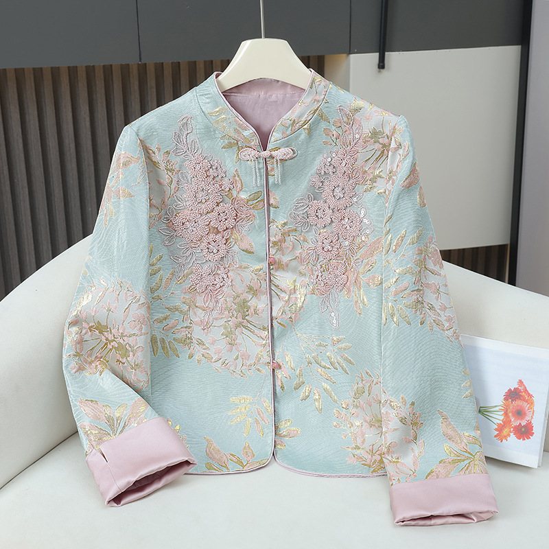 【花の韻】新中国式国風長袖ショートコート女性重工釘珠復古上着ファッション気質春服|undefined