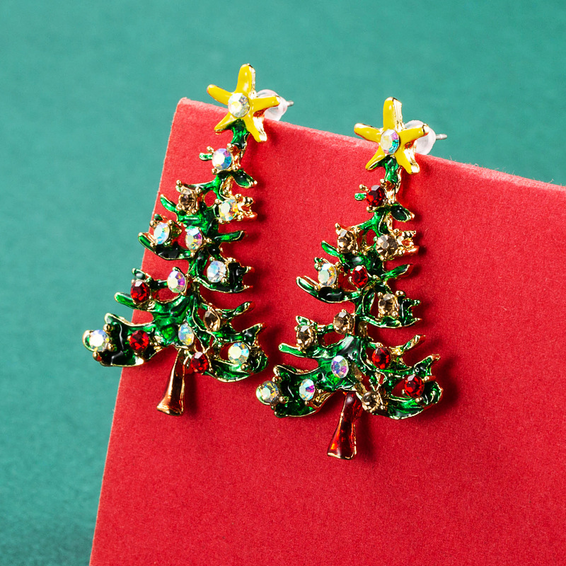 Christmas Series Alloy Dripping Oil Diamond Christmas Tree Earrings display picture 2