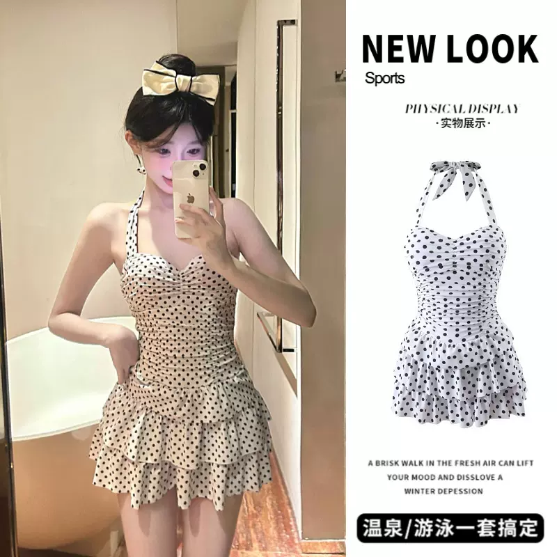 2025新款连体裙式波点泳衣女泡温泉保守显瘦遮肉性感大胸聚拢泳装