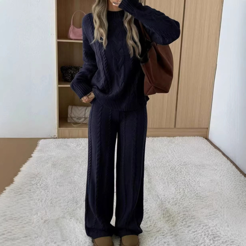 Women's Winter Solid Color Round Neck Long Sleeve Simple Top and Pants Casual 2-Piece Set, Winter Clothing