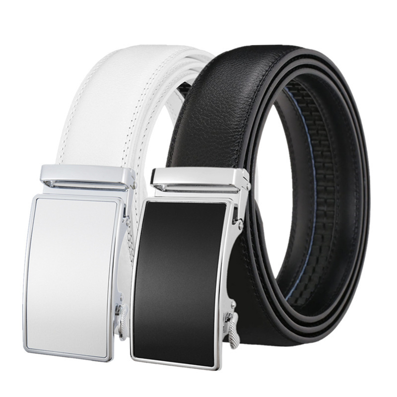 Black and White Two-Color Men's Automatic Buckle Belt Genuine Leather Belt Two-Layer Cowhide Japanese and Korean Foreign Trade Cross-Border Manufacturers Wholesale
