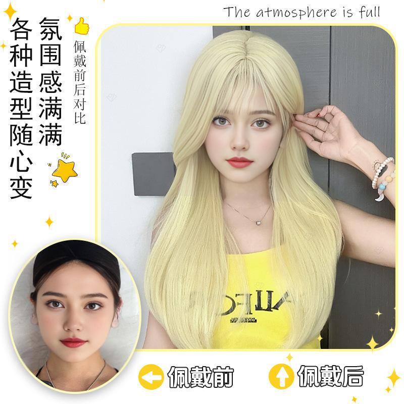 Doll-Like Golden Wig for Girls, Natural Daily Look with Bangs, Double Ponytails, Wavy Long Curly Hair, Cross-Border Ready Stock, Direct Delivery
