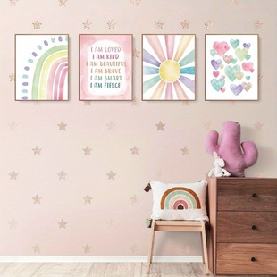 Cartoon Watercolor Pink Rainbow Heart Sun Children's Toy Room Bedroom Decoration Frameless Hanging Painting Core Poster