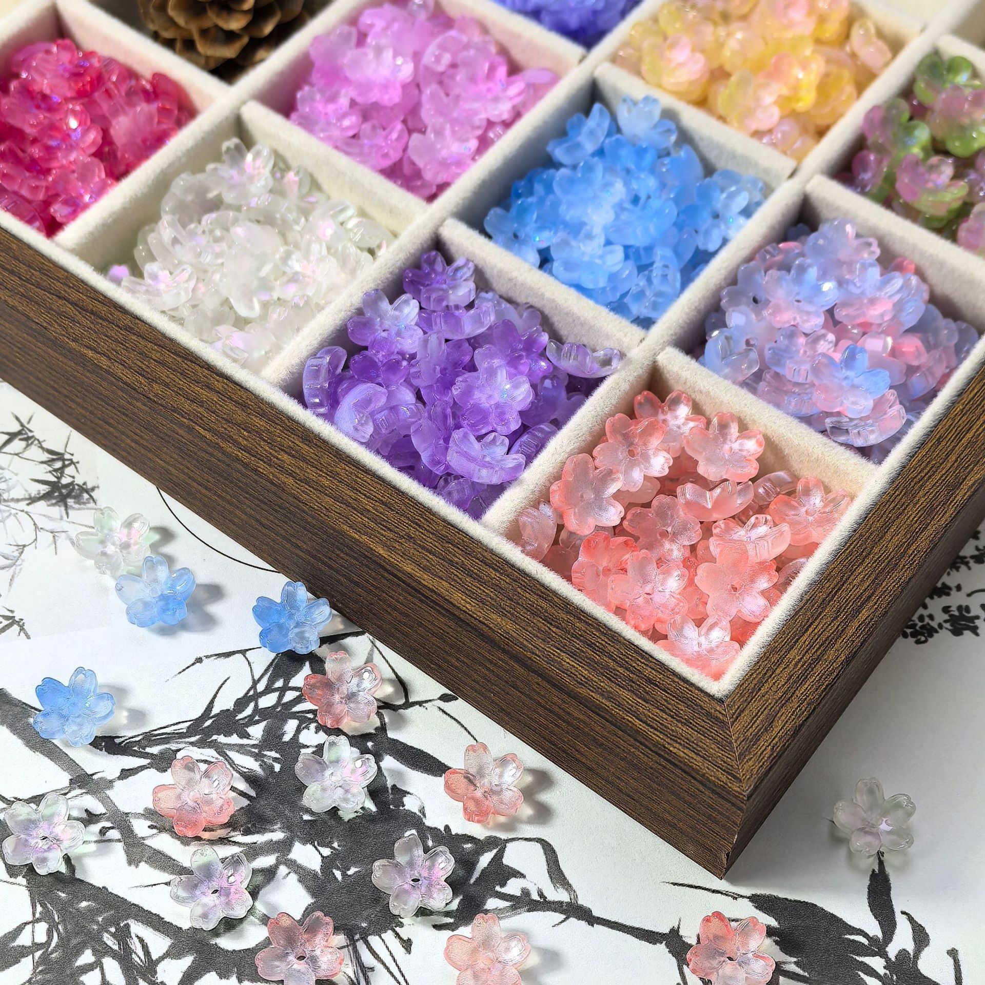 10mm小樱花多色玻璃琉璃五瓣花diy手工串珠发簪配件古风吊坠饰品