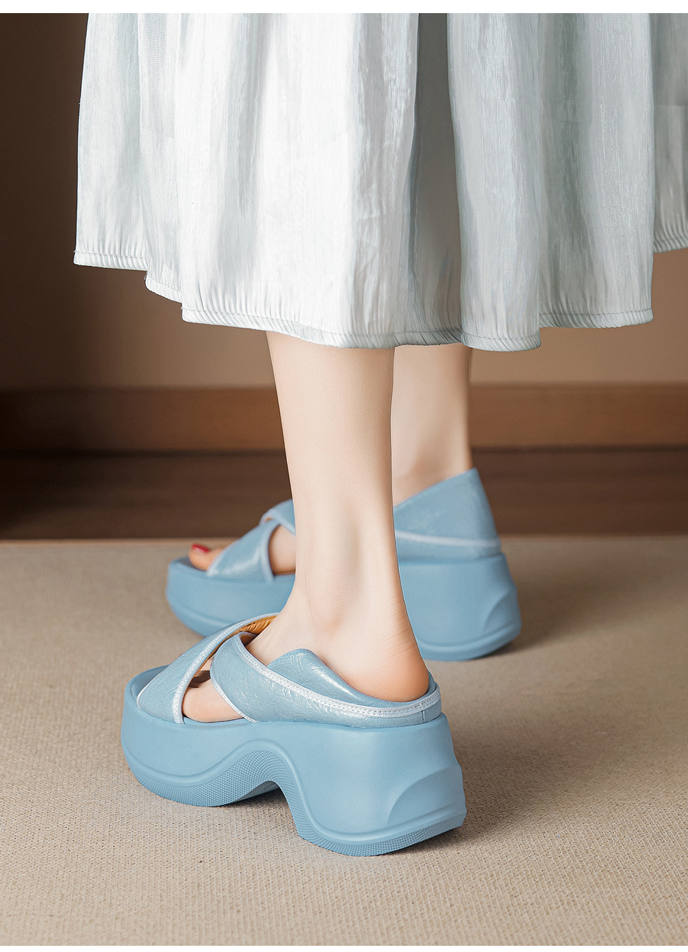 Sandal nữ đế xuồng cao gót 6cm mũi hở phong cách La Mã da thật — màu đen, màu xanh hồ chi tiết 10
