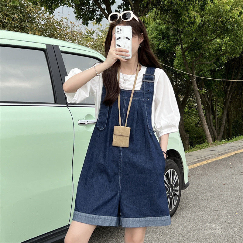 Denim Overalls Shorts for Women, Spring and Summer Korean Style 2026 New Sweet and Cool Design, Loose Fit with Rolled Edges, Wide-Leg Pants for Petite Figures