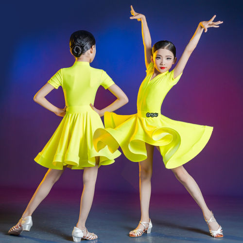 Children girls latin dance dresses yellow purple turquoise Latin dance suit girls ballroom dance show clothing professional game rules dance skirt