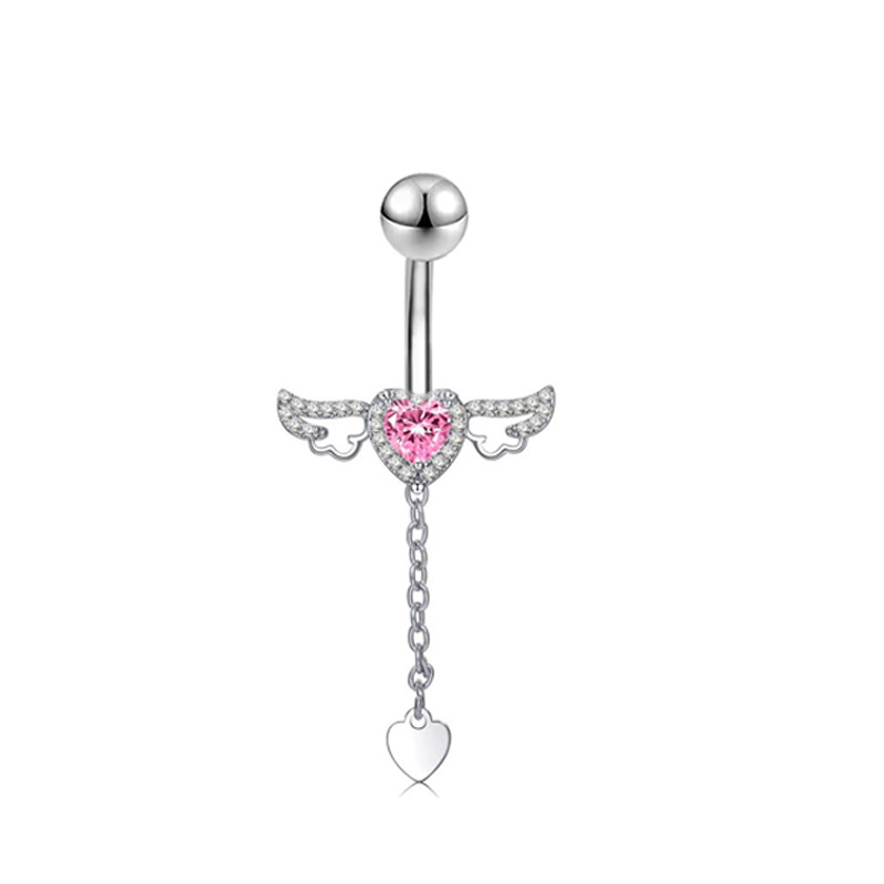 Stainless Steel Belly Button Ring With Pink Zircon Flower Charm_voghion.com