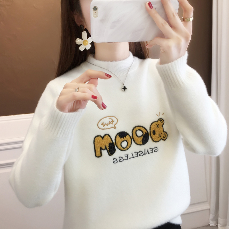 2023加绒加厚绣花保暖卡通长袖套头半高领毛衣一体绒学院风打底衫