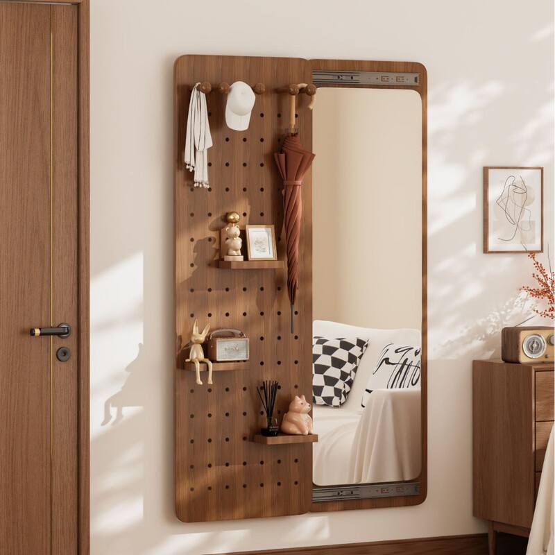 Perforated Board Dressing Mirror, Trendy Hidden Full-Length Mirror for Entryway, Wall-Mounted, Foldable, Sliding Fitting Mirror for Hallway Perforated Board Dressing Mirror, Trendy Hidden Full-Length Mirror for Entryway, Wall-Mounted, Foldable, Sliding Fitting Mirror for Hallway
