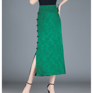 K6F Chinese Style Buckle Skirt Women's Design Satin Slit One-Step Skirt 2024 New Spring and Summer Mid-Length Hip Wrap