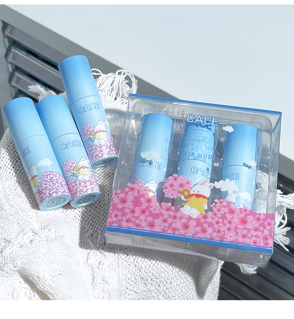CACE Blue Sky Matte Lip Clay Anime Style Small cleft Lip Glaze Student Three-piece Blue Set Wholesale undefined