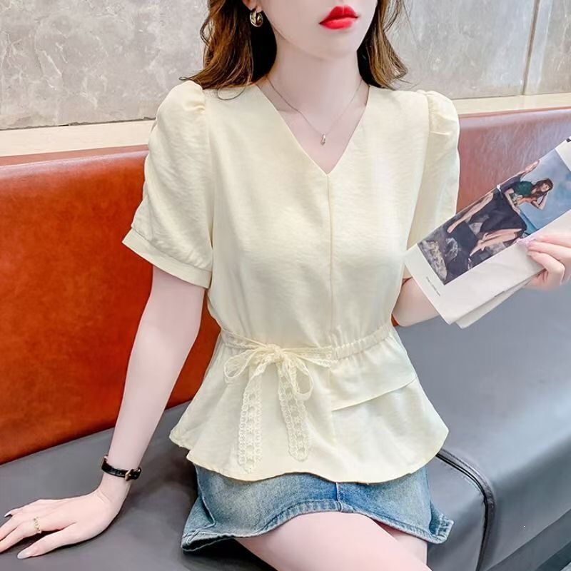2026 Summer New Style French Double-Layer Ruffled Lace Lace-Up Fashionable Slim-Fitting Shirt Top