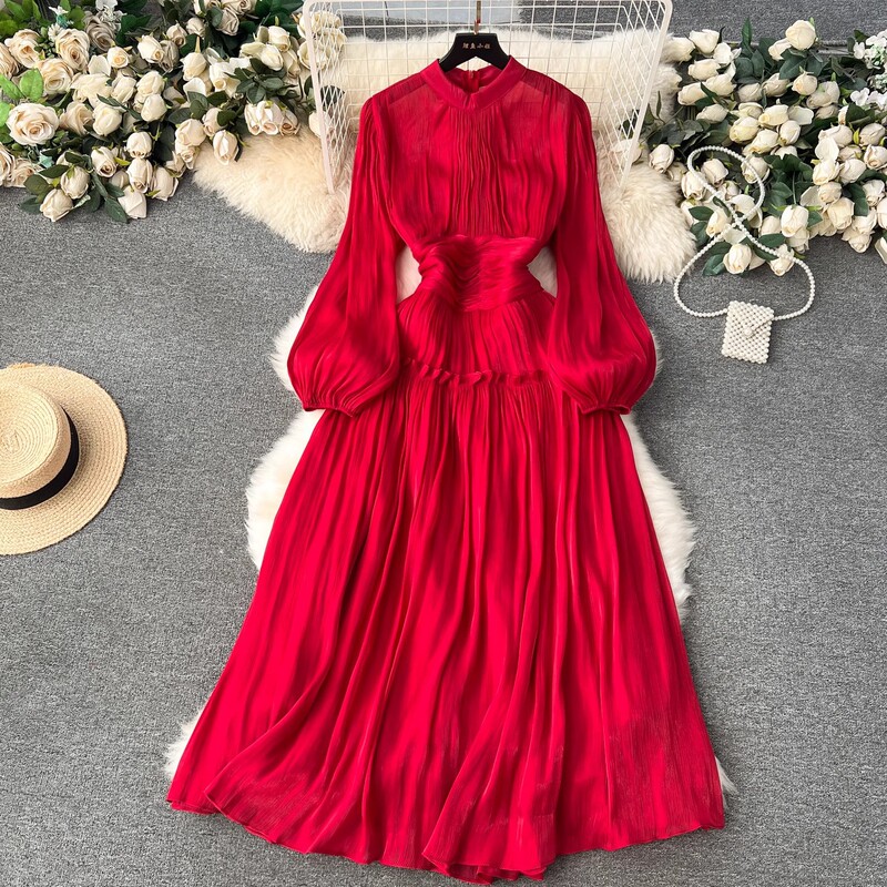 High-grade dress Women's 2025 Early Spring New Elegant Vertical Collar Schemed Pleated Waist Long Puff Sleeve Gown High-grade dress Women's 2025 Early Spring New Elegant Vertical Collar Schemed Pleated Waist Long Puff Sleeve Gown