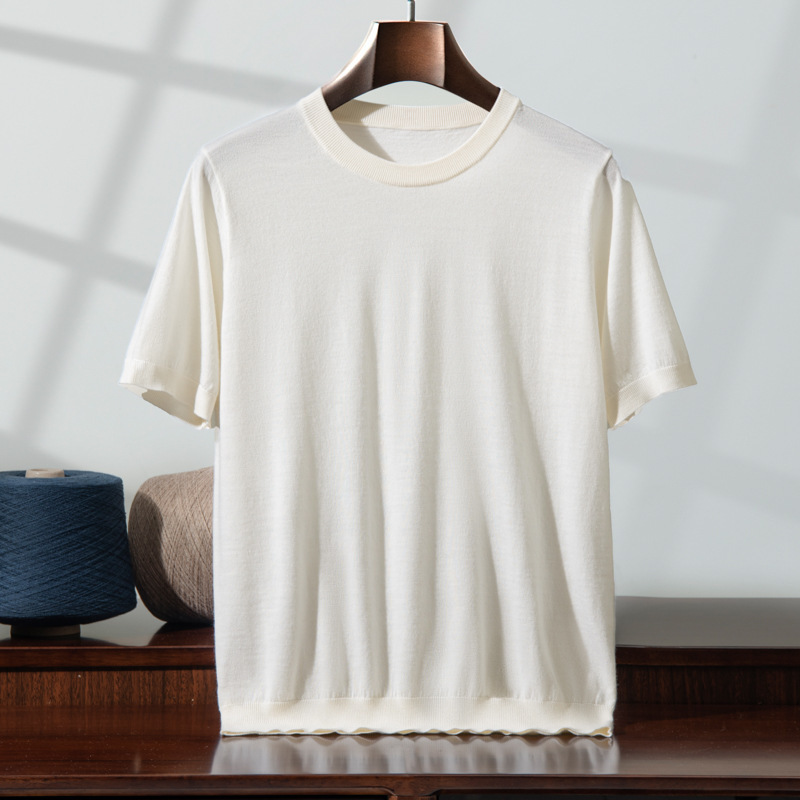 Merino Worsted Wool T-shirt Men's Summer Loose Large Size Business Casual Ultra-Fine Thin Round Neck Knitted Short Sleeve