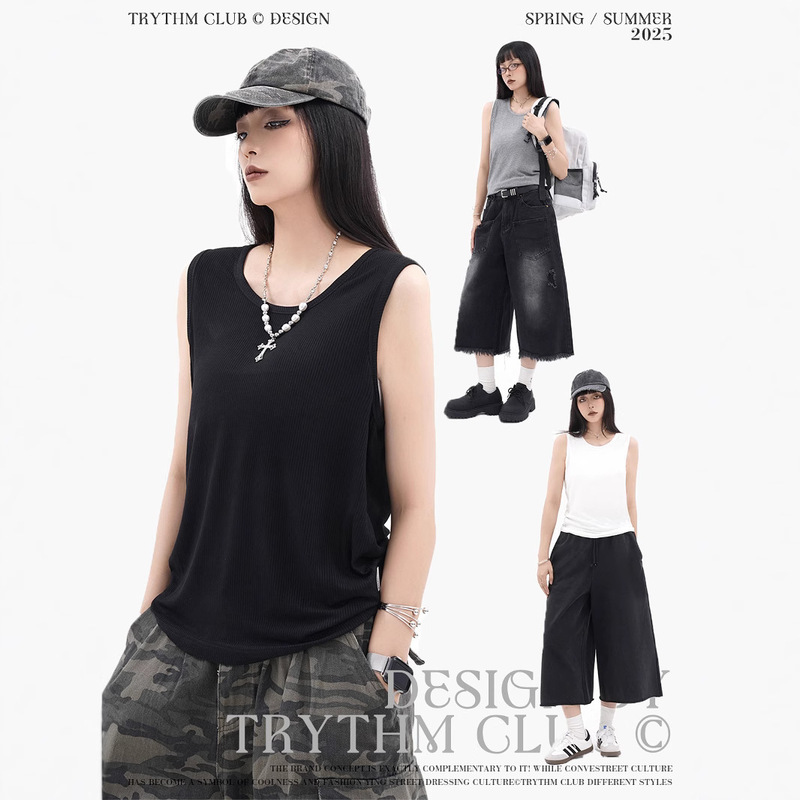 TRYTHMCLUB Sleeveless T-shirt Summer Sports Leisure American Street Fit Simple Round Neck Vest