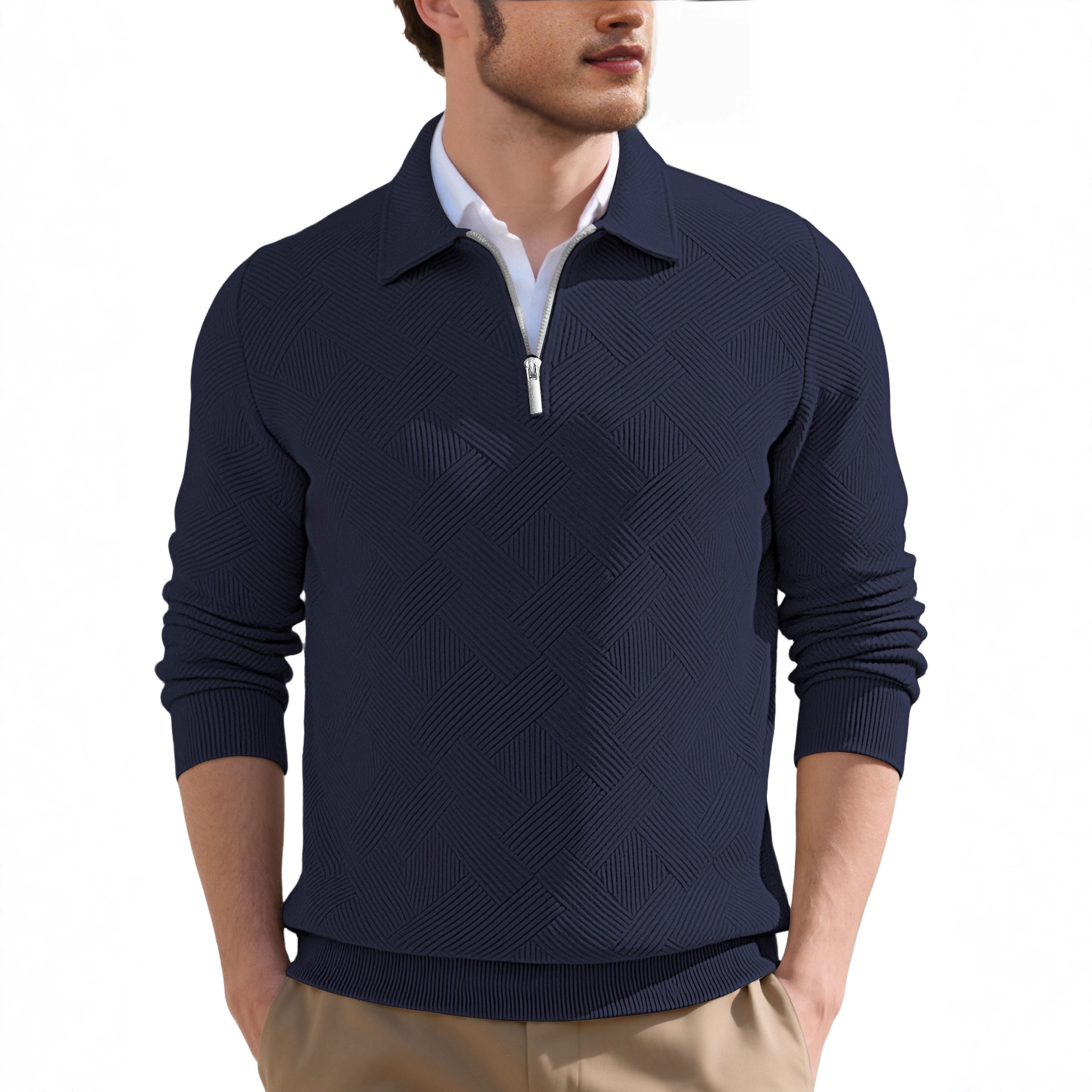 Transfronterizos Europa y América Amazon American otoño nuevo hombre retro jacquard manga larga con solapa media cremallera camiseta casual