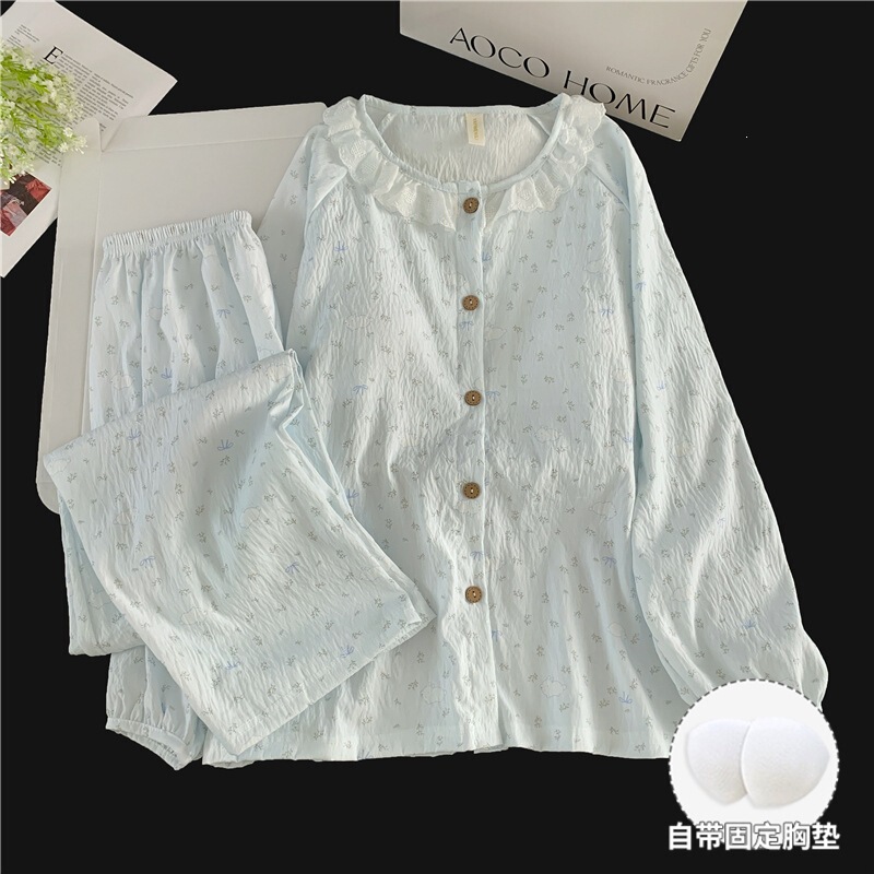 2026 Autumn New Double-Length Cardigan Simple Round Neck Cloud Cotton Pajamas with Chest Pads Women's Homewear Set