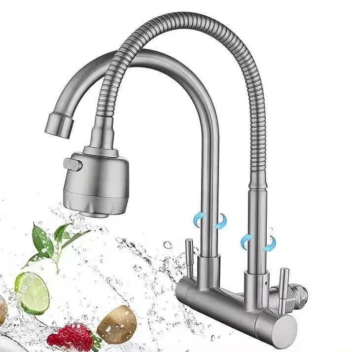 Cross-Border Philippines Exports Classic Wall-Mounted Kitchen Faucet Two-Pole Stainless Steel Double-Handle Sink Faucet