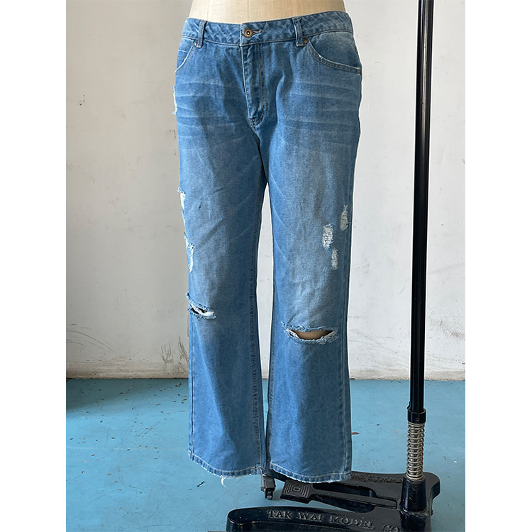 Cross-Border Foreign Trade Women's Denim European And American Trend Mid-Waist Ripped Casual Straight Pants Factory_ecoleips.com
