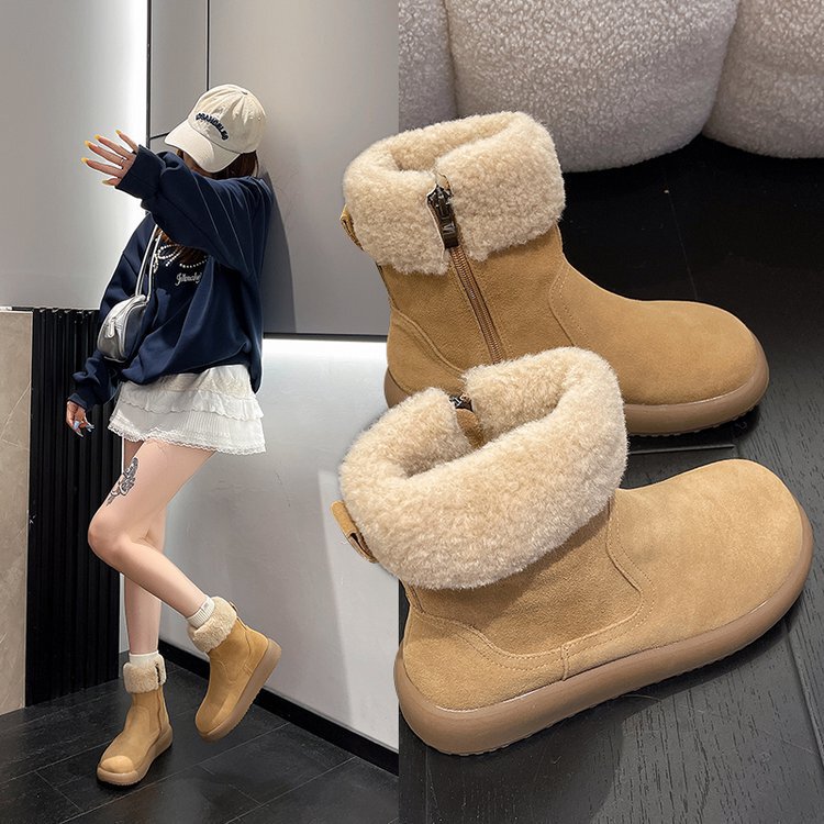 Korean Style Warm Mango-Shaped Ins Cotton Boots 2025 Winter New Model Fur Integrated Two-Way Wear Snow Boots
