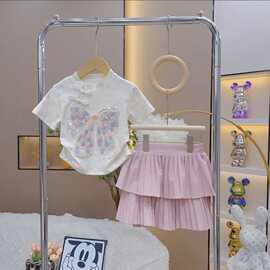 女童新中式套装夏款洋气小女孩中国风蝴蝶结短袖T恤百褶裙两件套