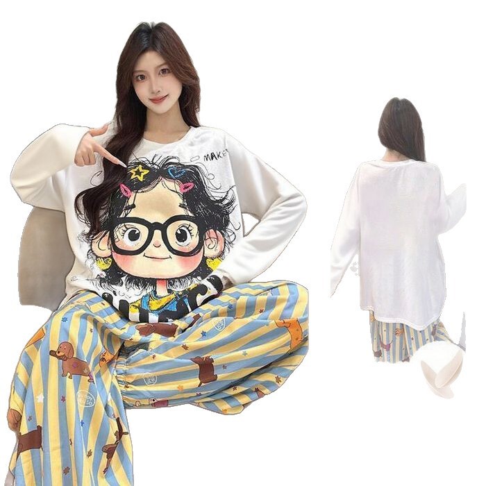 源头工厂带胸垫长袖睡衣女春秋云朵棉宽松卡通女士韩版家居服套装|undefined