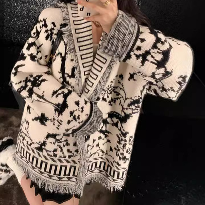 跨境新秋冬韩版气质小香风针织开衫外套复古设计感小众流苏毛衣女