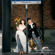 影楼拍照旅拍主题服装街拍婚纱摄影混搭抹胸白色前短后长拖尾礼服