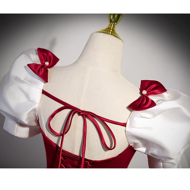 Vestido de noche rojo para brindis, nuevo estilo 2026, vestido de anfitriona de alta gama con mangas abullonadas estilo francés para primavera, ideal para examen de canto. image 2