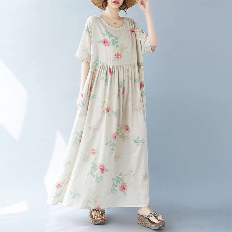 2024 Simple Fashion Bohemian Long Dress Summer New Plus Size Plus Size Short Sleeve Round Neck Printed Dress
