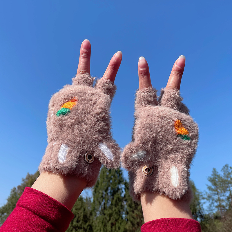 2023 new cute rabbit ears warm gloves female plush student half finger flip winter knitted gloves wholesale