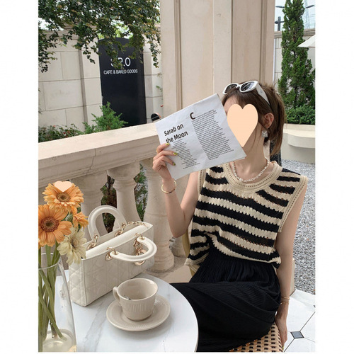 Retro Striped Laced Blouse for Women - Summer Thin Version Backless Top Loose Slimming Outerwear Sleeveless Knit Top Trendy