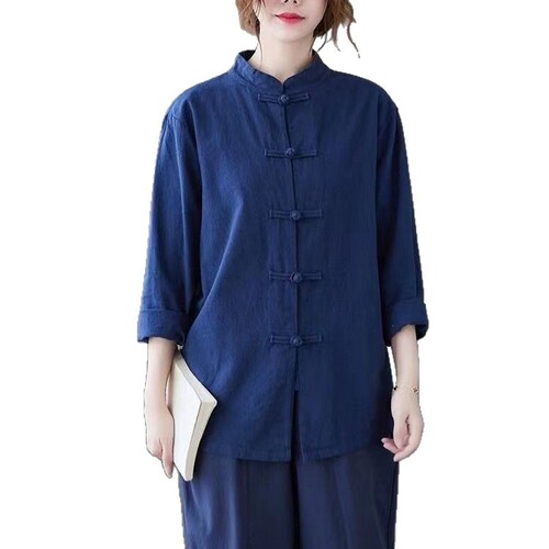 Cotton-Linen Chinese-Style Stand-Neck Jacket with Knot Buttons, Long Sleeves – Women's Tai Chi Wear, Zen Attire, Plus-Size Coat, Workwear, and Tea Ceremony Outfit Set