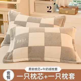 牛奶绒枕头冬季枕芯男家用套装带枕套护颈椎助睡眠一对宿舍学生整