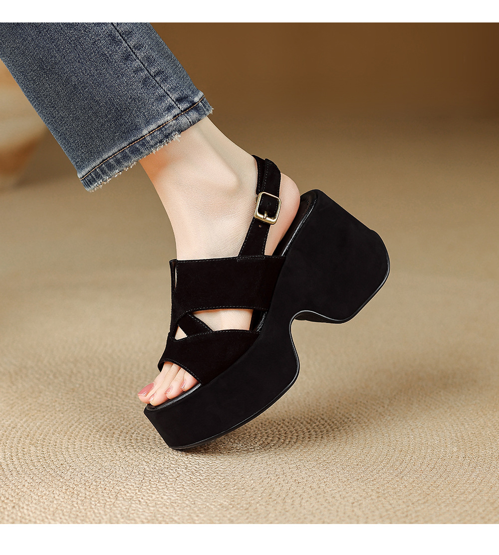 Sandal cao gót nữ đế platform da lộn quai ngang gót 9 cm — Da cừu đen lật, Da cừu đen chi tiết 8