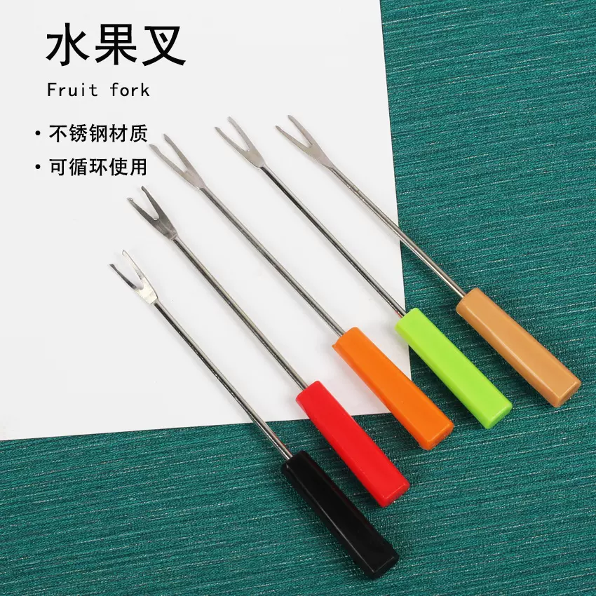 创意ins塑料扁柄水果叉巧克力叉炉配件朱古力叉不锈钢炉配件跨境