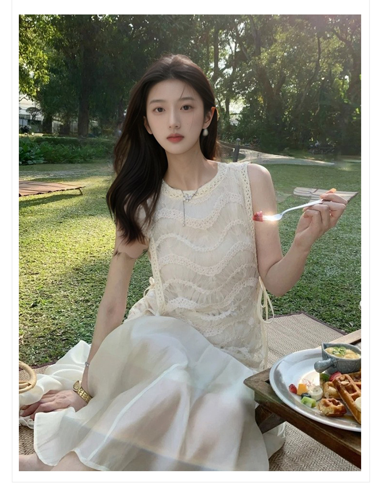 Đầm maxi nữ thắt eo phong cách Pháp cổ yếm ren lưới tay ngắn — màu trắng ngà chi tiết 3