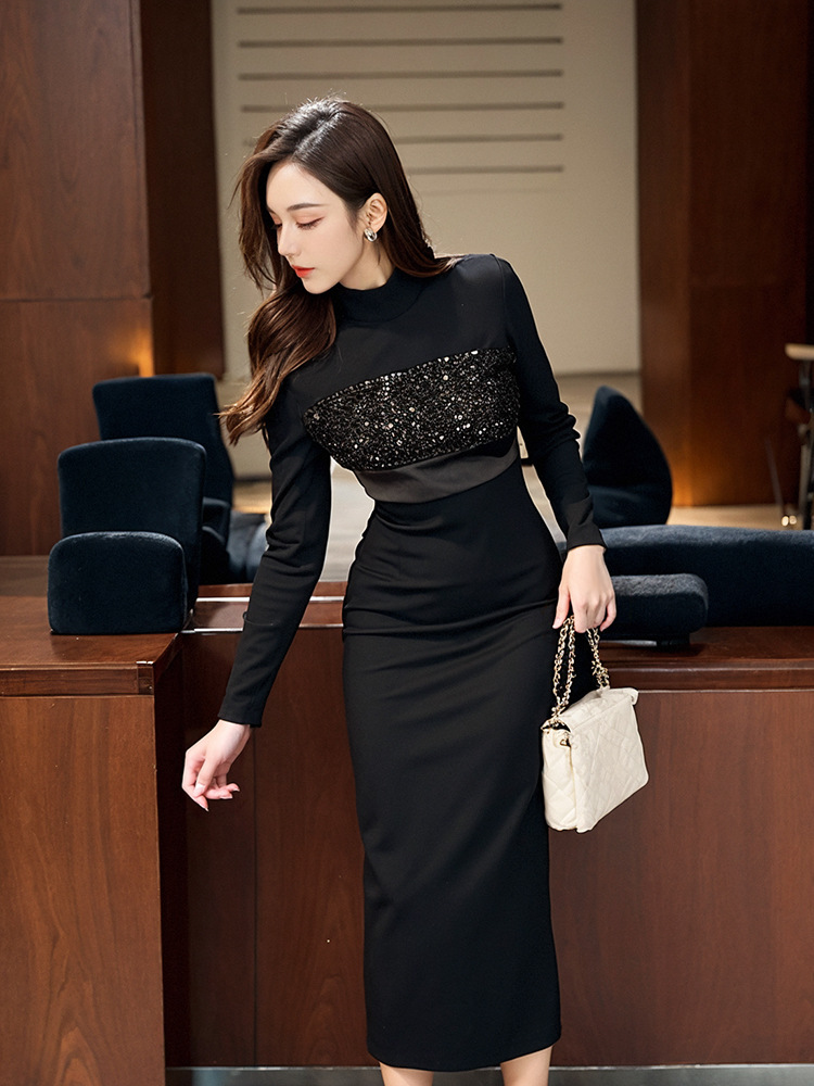Đầm ôm body nữ phong cách Hepburn kiểu Pháp, tay dài, màu đen — Màu đen