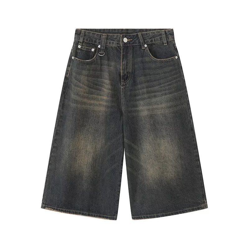 Lässige, gerade geschnittene Herren-Denim-Shorts mit weitem Bein und Used-Look in Blau im amerikanischen Retro-Stil – perfekt für den Sommer und vielseitige Kombinationsmöglichkeiten_voghion.com