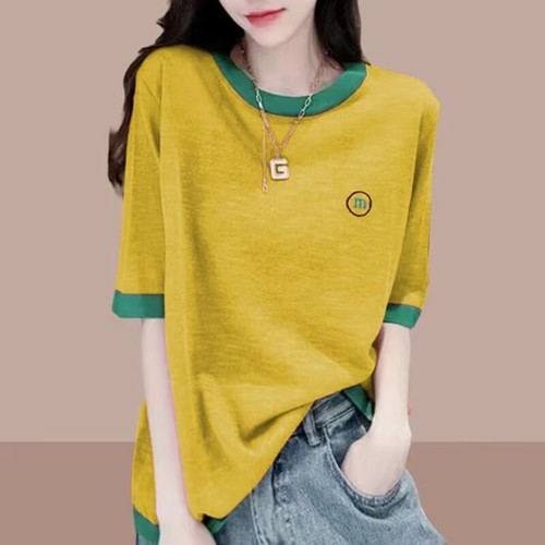 Short-sleeved bamboo joint cotton T-shirt for women 2025 spring and summer new thin large size loose casual spliced ​​half-sleeved top for women