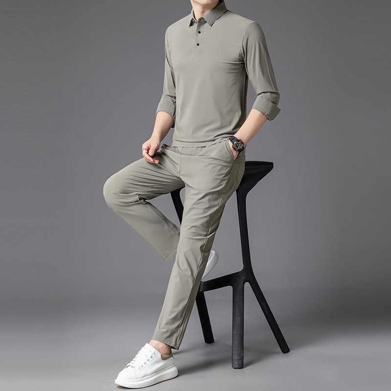 Men's Casual Suit, Ice Silk Seamless Long-Sleeved Polo Shirt and Long Pants Two-Piece Set, Middle-Aged Dad Outfit Two-Piece Set