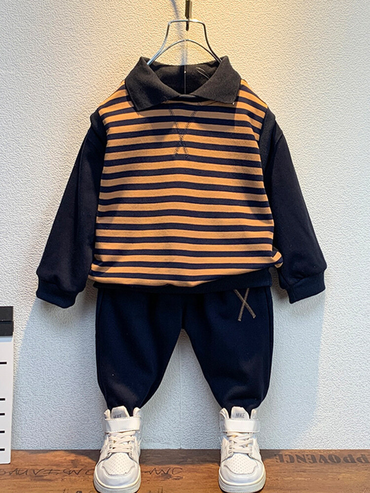 Chlapecký pruhovaný pletený set na jaro/podzim 2023, nový dětský stylový a ležérní dvoudílný set, ve westernovém stylu pro miminka_voghion.com