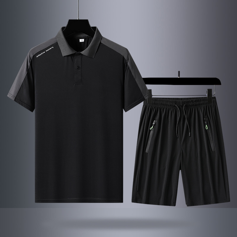 Camiseta de polo de hombre de verano con solapa casual camiseta de manga corta fría delgada camiseta de secado rápido pantalones cortos de dos piezas al por mayor